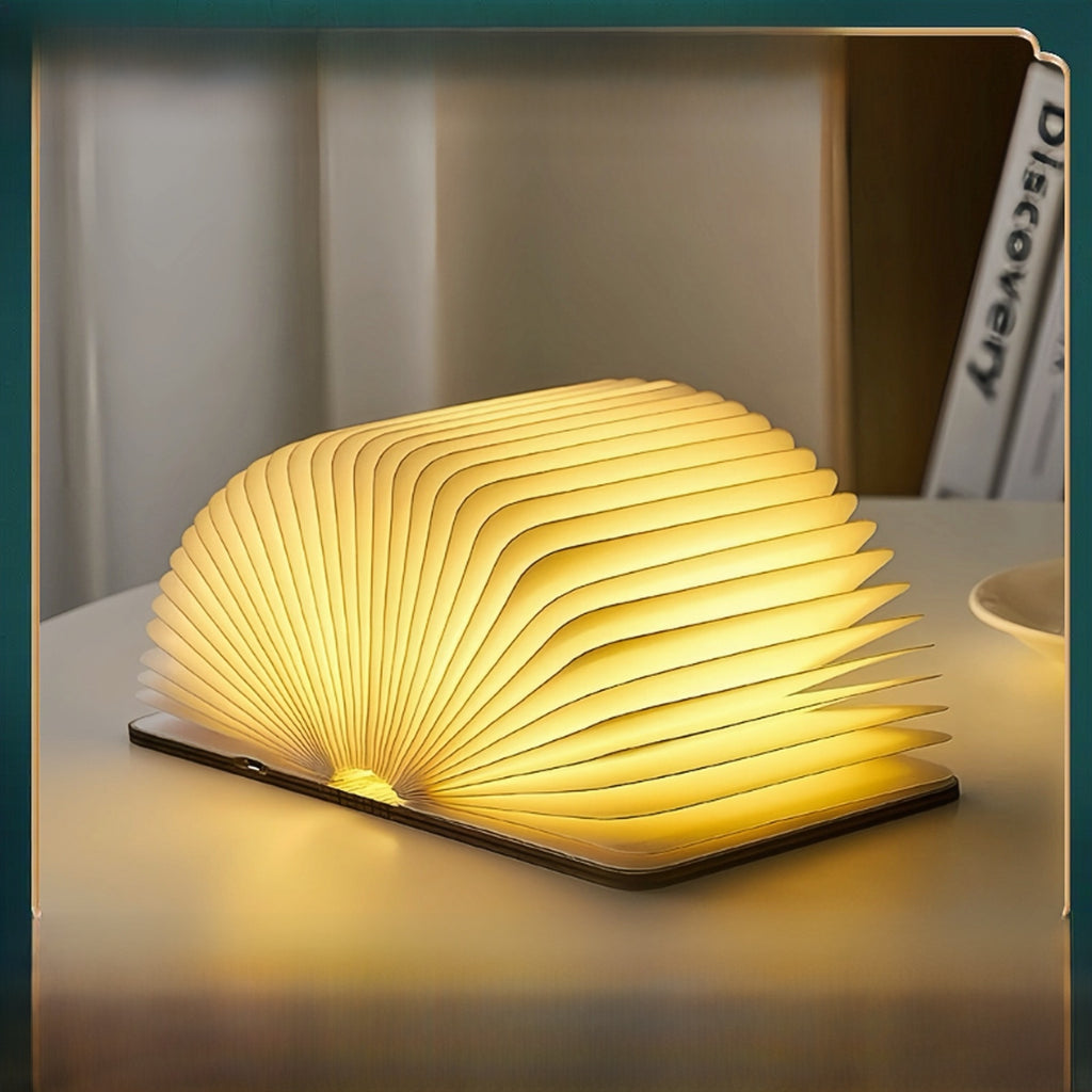 Foldable Rechargeable Wooden LED Book Lamp with Multi-Color Lighting